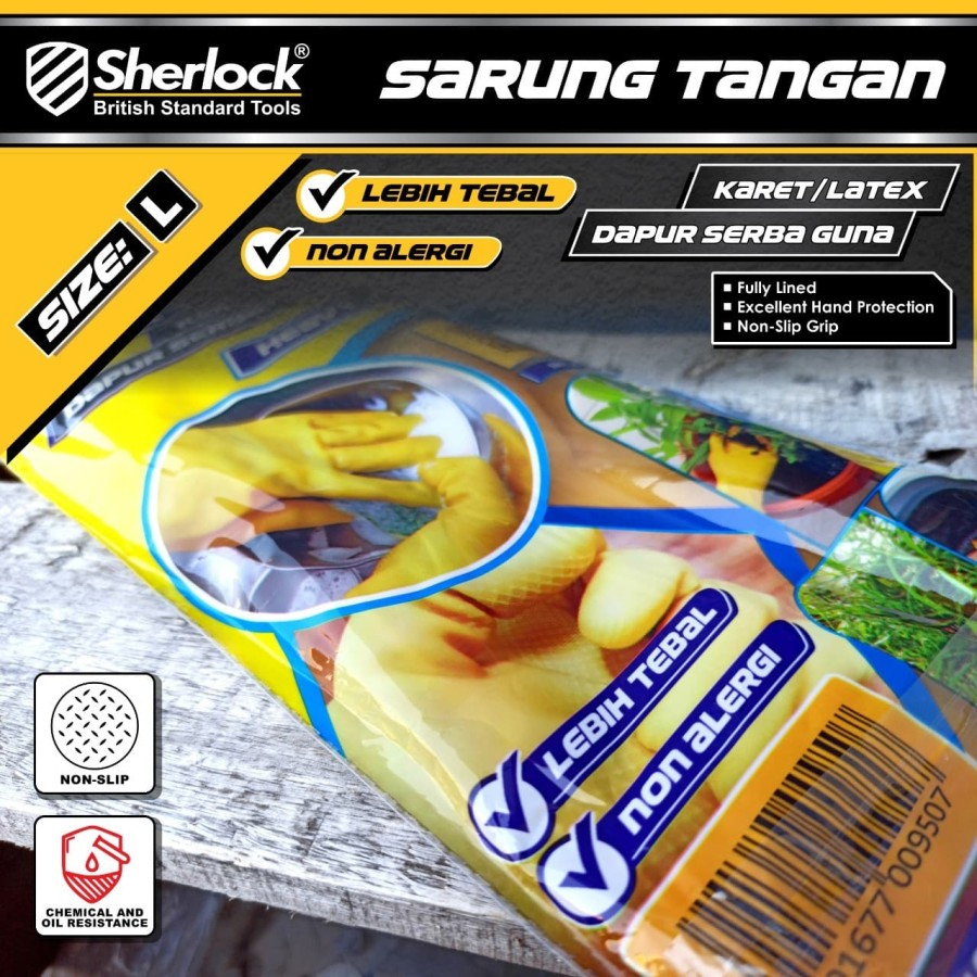 Sarung Tangan Karet Cuci Piring Industrial Grade Premium Latex uk, L Sherlock