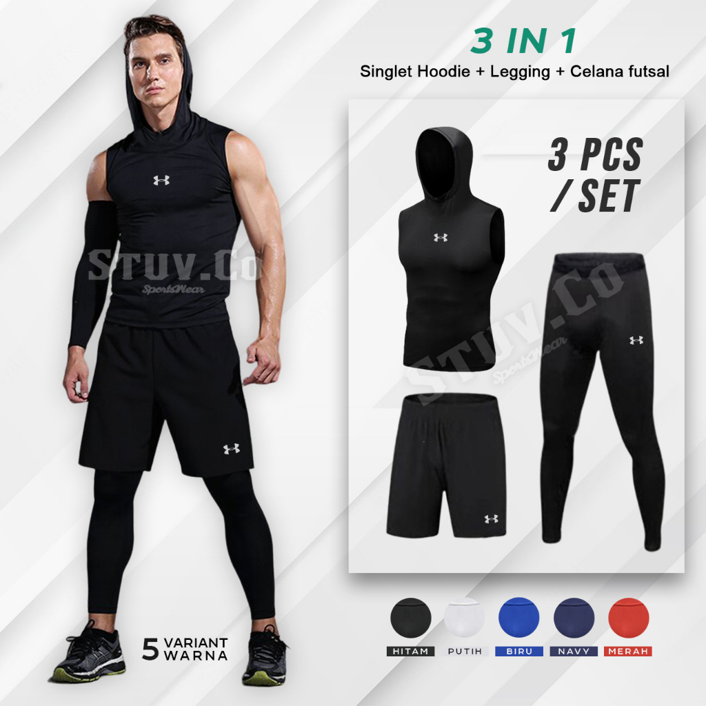 PAKET 3IN1 BASELAYER OLAHRAGA SINGLET HOODIE LEGGING PANJANG DAN CELANA DRYFIT FUTSAL SEPAKBOLA BASKET GYM FITNESS JOGGING LARI UNISEX