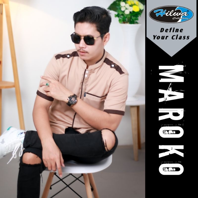 HILWA OFFICIAL - Baju Koko Lengan Pendek Motif Maroko Bahan Katun Toyobo Fodu Original