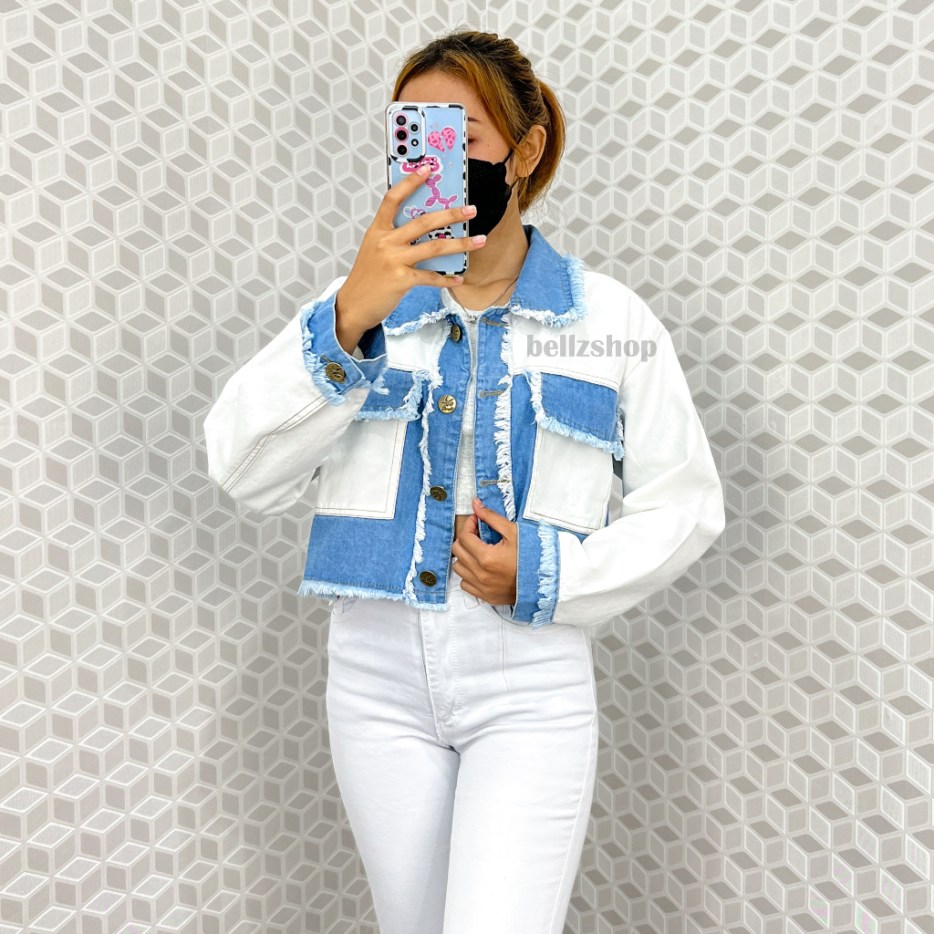 Jaket Jeans Crop Wanita Rawis Korean Style Putih Biru Premium Calia