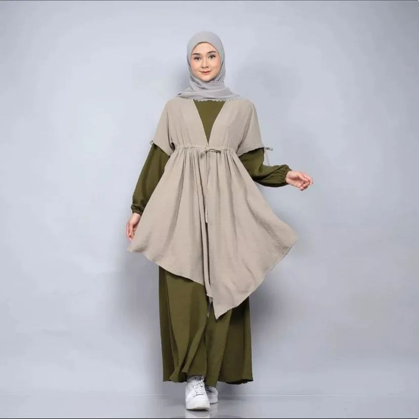 Baju Gamis Setelan Wanita Muslimah Kekinian 2023 Faiza Set Setelan Gamis + Outer Crinkle Airflow Muslim Wanita Korean Style One Set 2in1 Pakaian Wanita