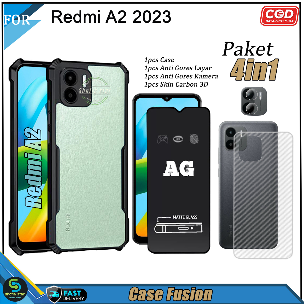 PAKET 4in1 Case Redmi A2 2023 Soft Case Fusion Shockproof Transparan Casing