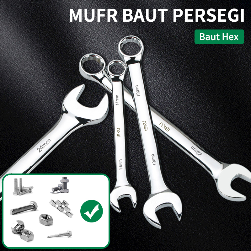 ISKU Kunci ring pas set 13pcs Combination Spanner Wrench Kombinasi Ring dan Pas 8/9/10/11/12/13/14/17/18/19/21/22/24 mm Multifungsi Bahan Kuat Anti Karat