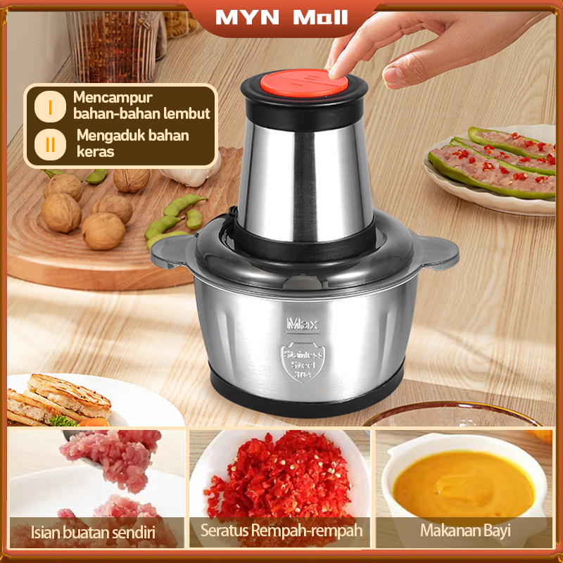 MYN Mall Blender Penggiling Daging 2L Chopper Stainless Steel / Chopper Penggiling Daging Elektrik / Blender Penggiling Daging Baja Tahan Karat Listrik Meat Grinder Chopper Daging-With 2 wadah