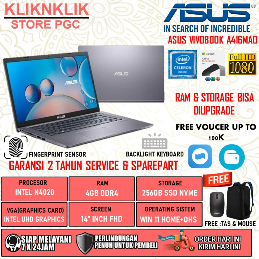 LAPTOP SEKOLAH ASUS VIVOBOOK A416MA INTEL N4020 RAM 8GB 256GB SSD FHD BACKLIGHT FINGERPRINT WINDOWS 11 OHS