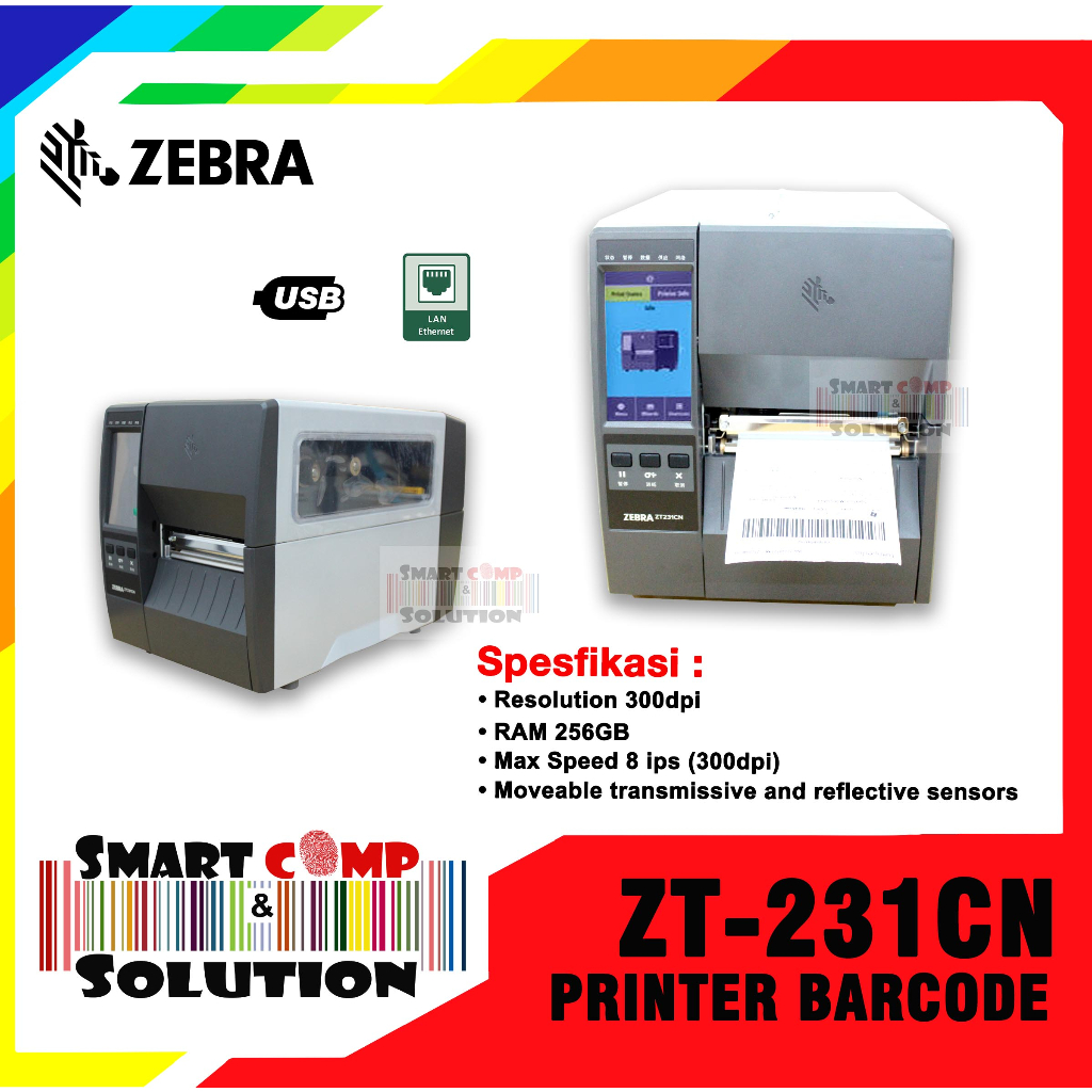 Printer Barcode Label industri Zebra ZT231 / ZT-231 203 DPI USB LAN