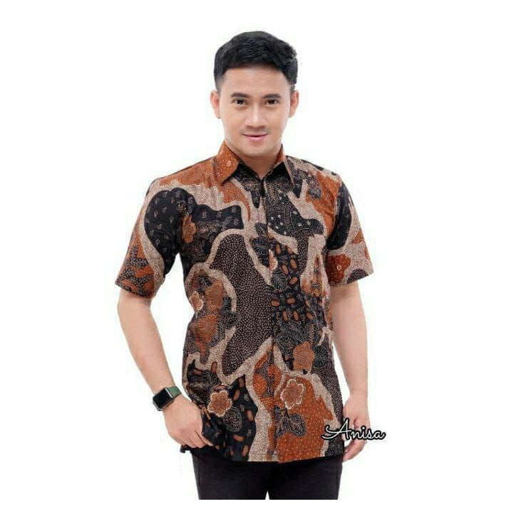 Cemen Batik HRB026 Kenongo Kemeja Tosca Pendek Pekalongan Padi M L Xl Sogan Tulis Halus Kemeja Batik