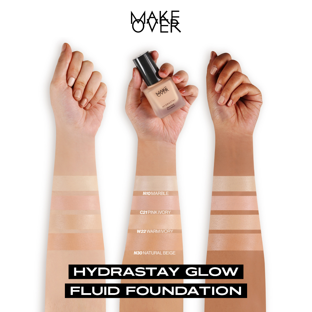 MAKE OVER Hydrastay Glow Fluid Foundation Indonesia / Liquid Foundation 35ml / 24 Hours Hydration Medium Buildable Coverage Water Light Texture / Designed For Dry Skin 24H Hydration Effect Smooth Glow Finish Cosmetic Series / Tint Blush Cushion Powder Lip