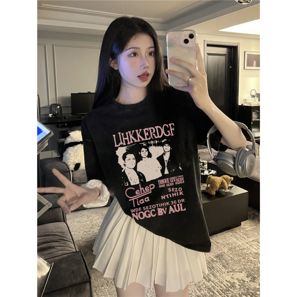 XIAOZHAINV Korean Style Band Hip Hop Pattern Washed Printing Kaos Wanita A0777/Atasan Wanita Terbaru