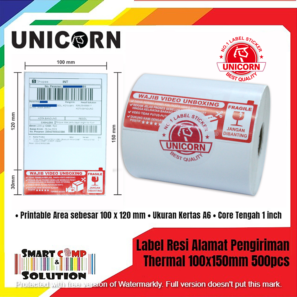 Label Thermal Unicorn Lite Resi Alamat Pengiriman 100x150mm - Stiker Video Unboxing