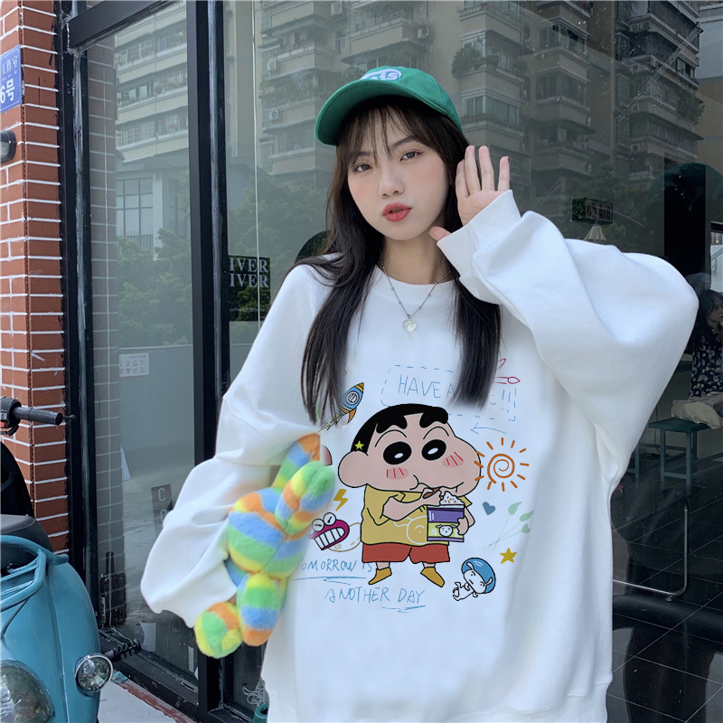 EUNII Sweater Lengan Panjang Cartoon Crayon Shin-Chan Printing Korean Style/Sweater Crop/Baju Wanita/Switer Wanita/Switer