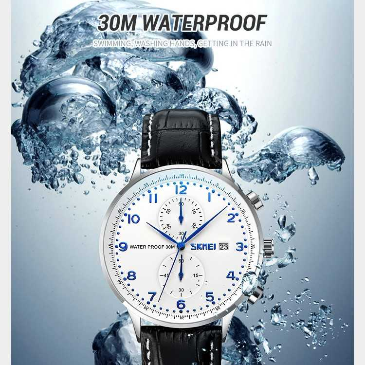 Jam Tangan Pria Analog Stopwatch Leather Strap Waterproof 30M Jamtangan Cowok Kekinian Desain Premium Anti Air