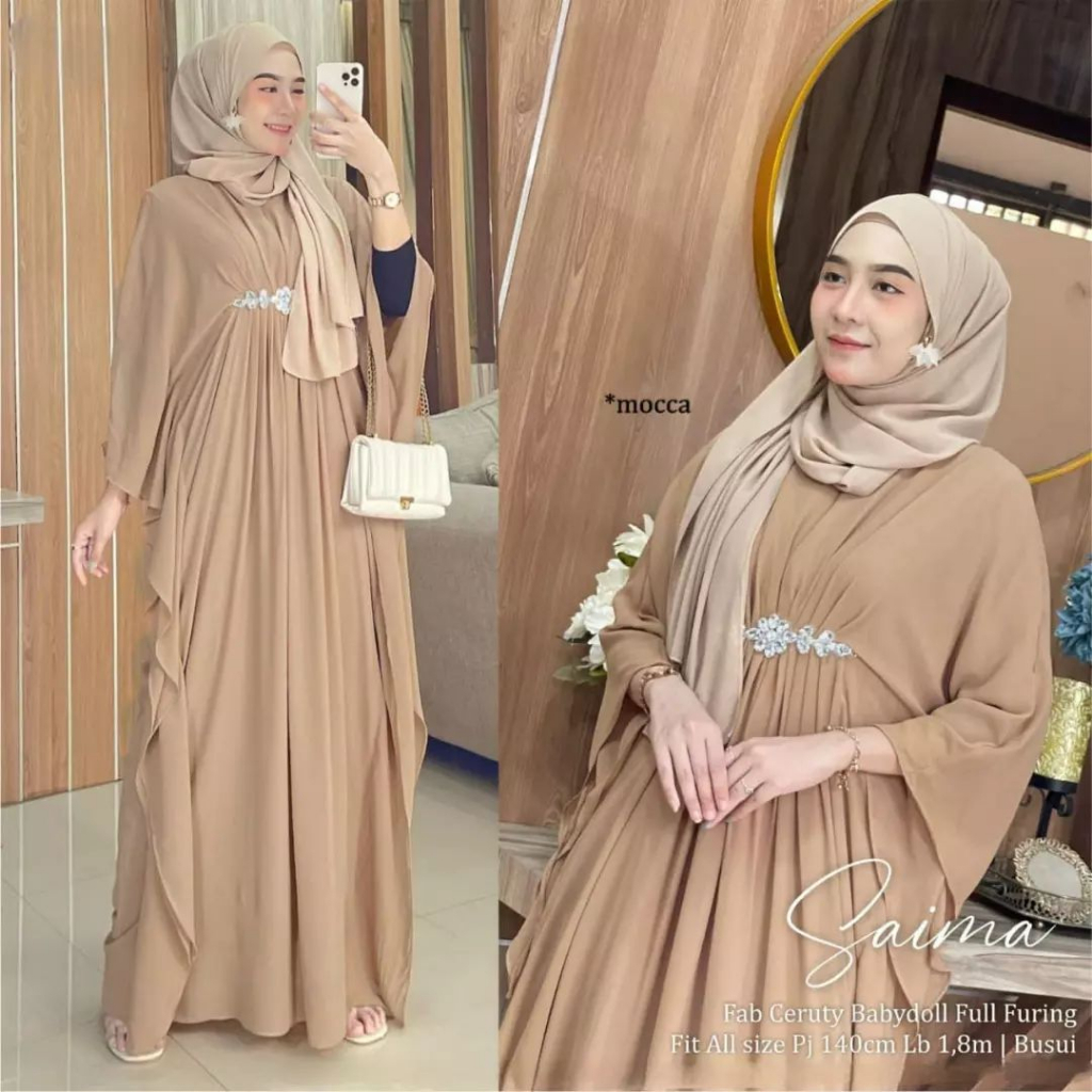 Baju Muslim Wanita/ Pakaian Wanita Saimah Kaftan Terbaru Maryam Mamanda Saleha Matt Ceruty Babydoll full furing Aplikasi Renda All Size fit M XL LD 120cm Kaftan Jumbo