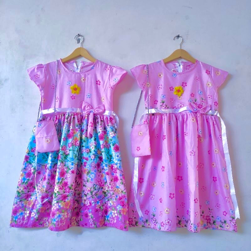 Dress anak 5 6 7 8 9 10 tahun gaun anak perempuan cewek motif bunga free tas ( dress harumi tas )