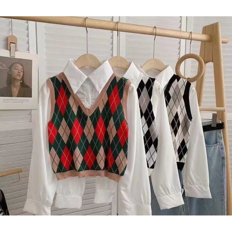 ❤️ PREMIUM IMPORT ❤️ READY ! ANNIE SEMI CROP WAJIK DIAMOND SQUARE KNIT VEST WITH COLLAR COTTON COMBINATION SHIRT