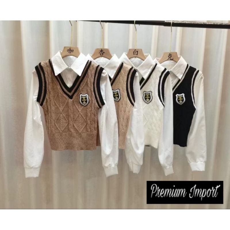 ❤️ PREMIUM IMPORT ❤️ COCO SEMI CROP KNIT VEST COMBINATION WITH COLLAR BUTTON LONG SLEEVE  SHIRT