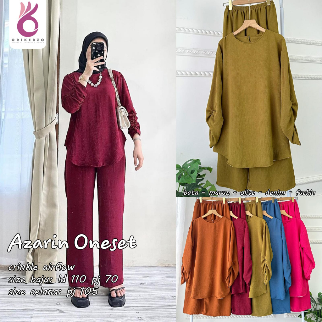 Azarin One Set Setelan Wanita Muslim Crinkle Airflow Original Produk By Orikenzo