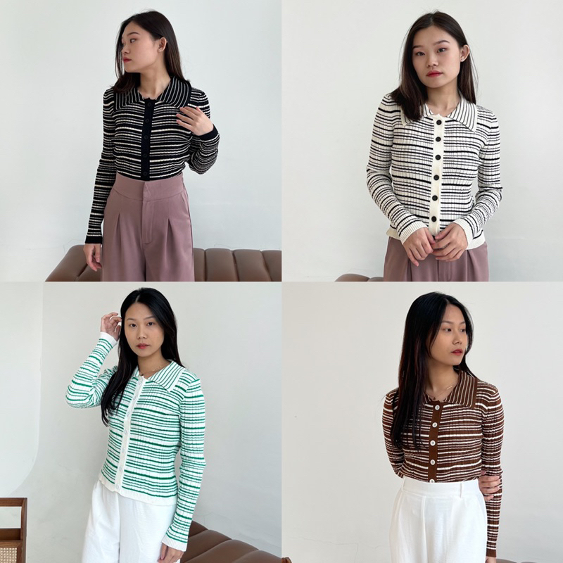 Kyo Knit Cardigan / Cardigan Stripe Lengan Panjang Atasan Wanita Knit Lengan Panjang