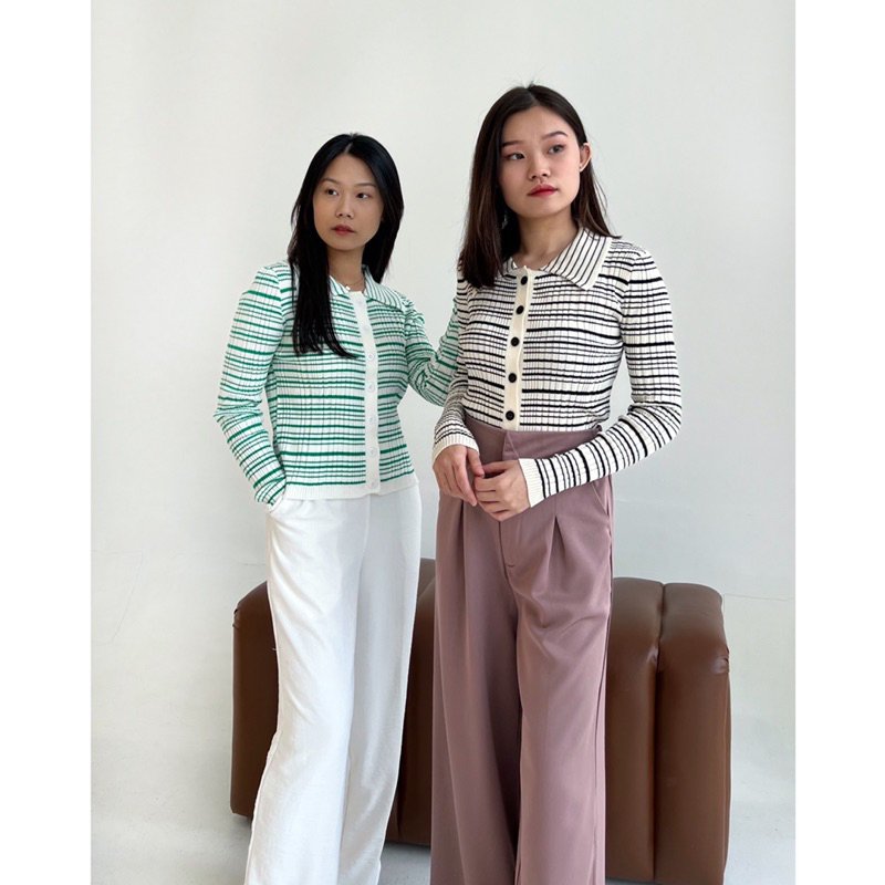 Kyo Knit Cardigan / Cardigan Stripe Lengan Panjang Atasan Wanita Knit Lengan Panjang