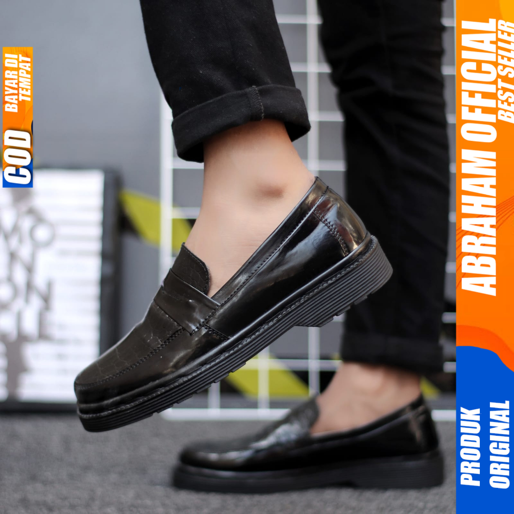 ABRAHAM Sepatu Loafers Formal Pantofel Docmart Hitam Kerja Pria