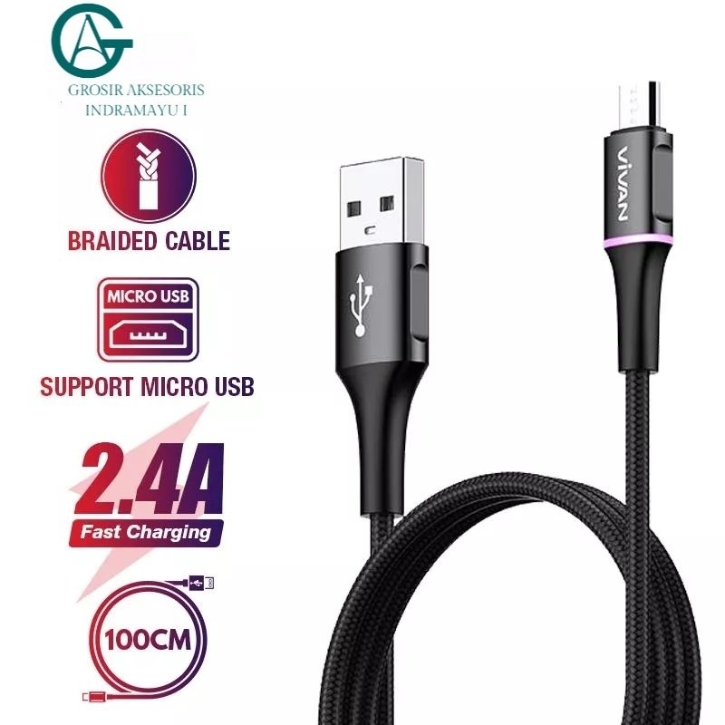 VIVAN VDM100 VDM200 2.4A Micro Quick Charge 100cm Data Cable LED Black Original