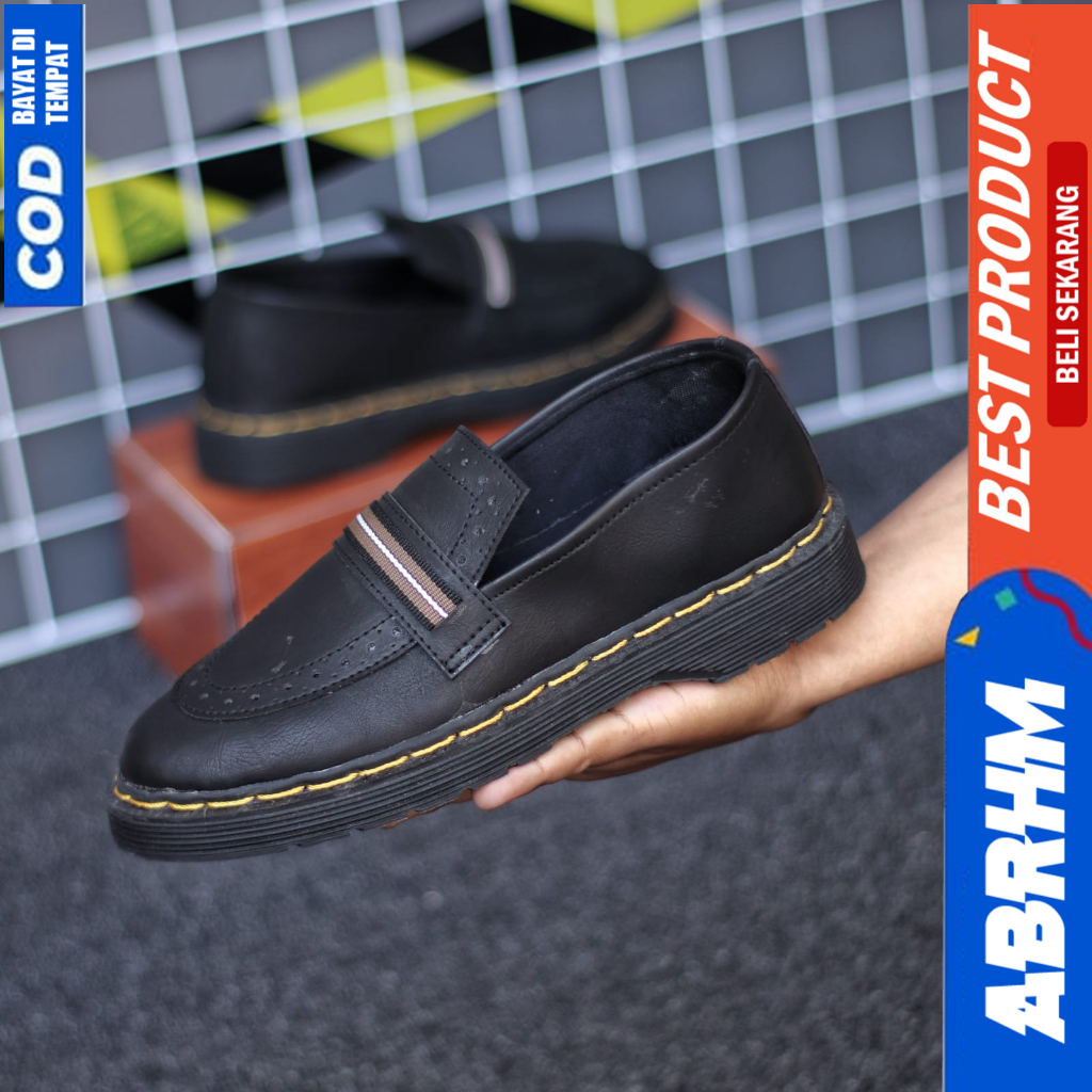 ABRHM Sepatu Loafers Formal Pantofel Docmart Kerja Hitam Pria