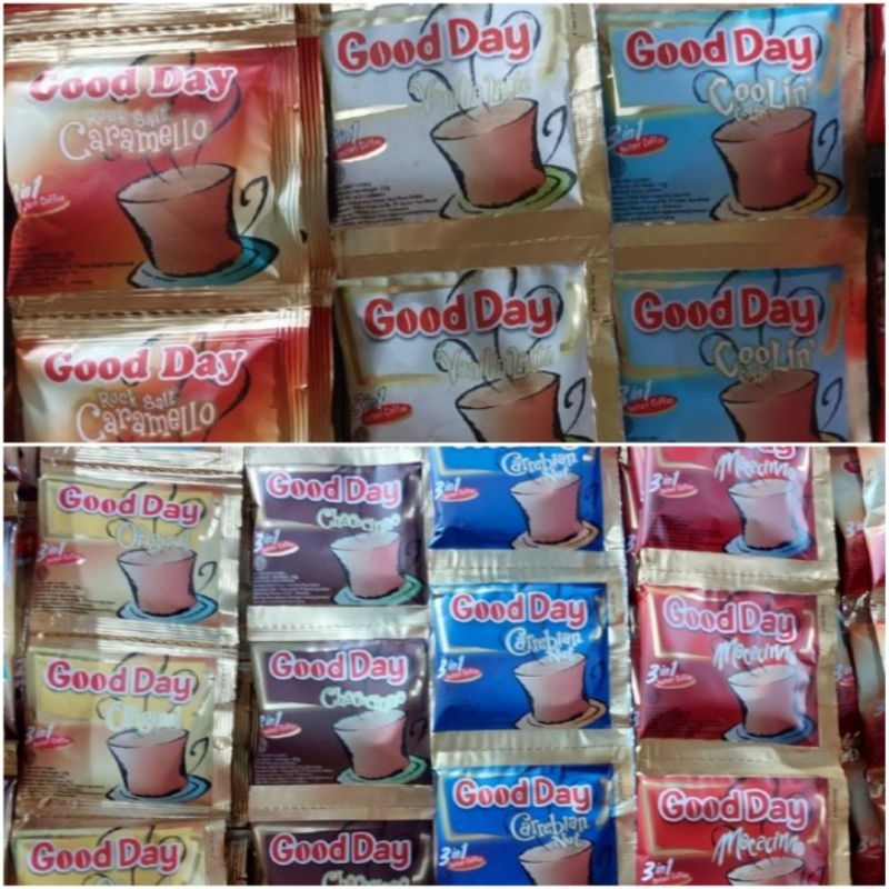 

Good Day Aneka Rasa Original Chococinno Carrebian Nut Mocacinno Coolin Coffee Vanilla Late Rock Salt Caramello Rentengan Rencengan Isi 10 Sachet Pcs 20 Gr