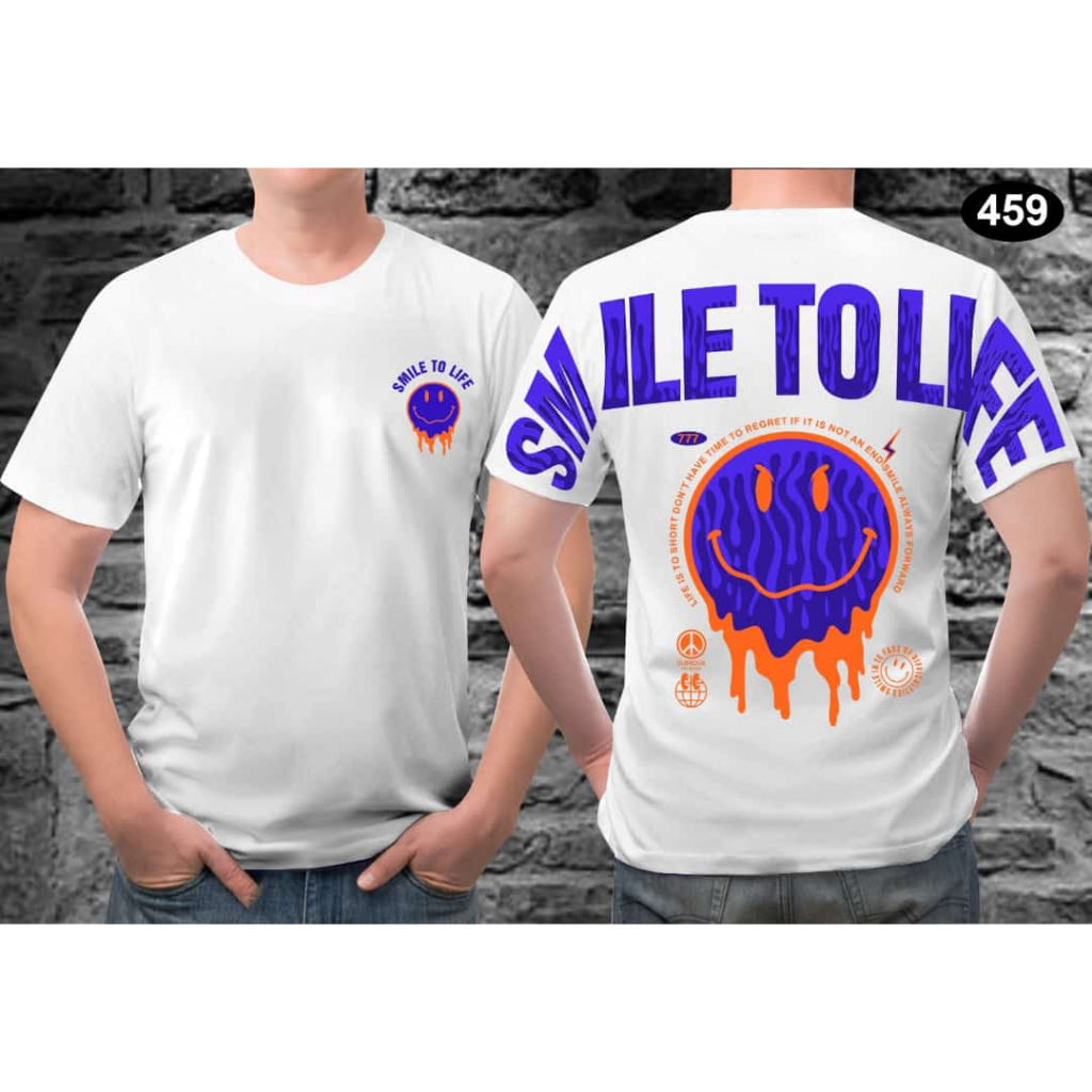 Kaos T-shirt Lengan Pendek Motif Smile To Life Putih Pria Terbaru Bahan Combed 30s