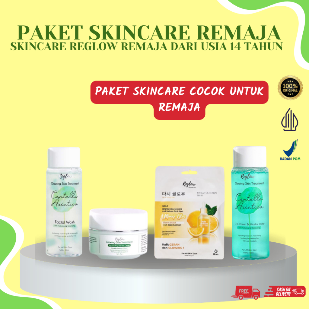 Reglow skincare untuk remaja terdiri dari sabun cuci muka toner cream dan sheetmask glowing melembab