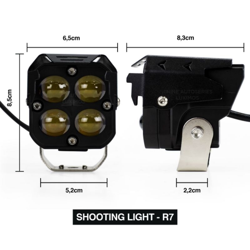 NINE LUXIMOS SHOOTING LIGHT R7 DEVIL EYE 4 MATA LED 58 WATT 2 WARNA PUTIH KUNING LAMPU SOROT MOTOR DAN MOBIL