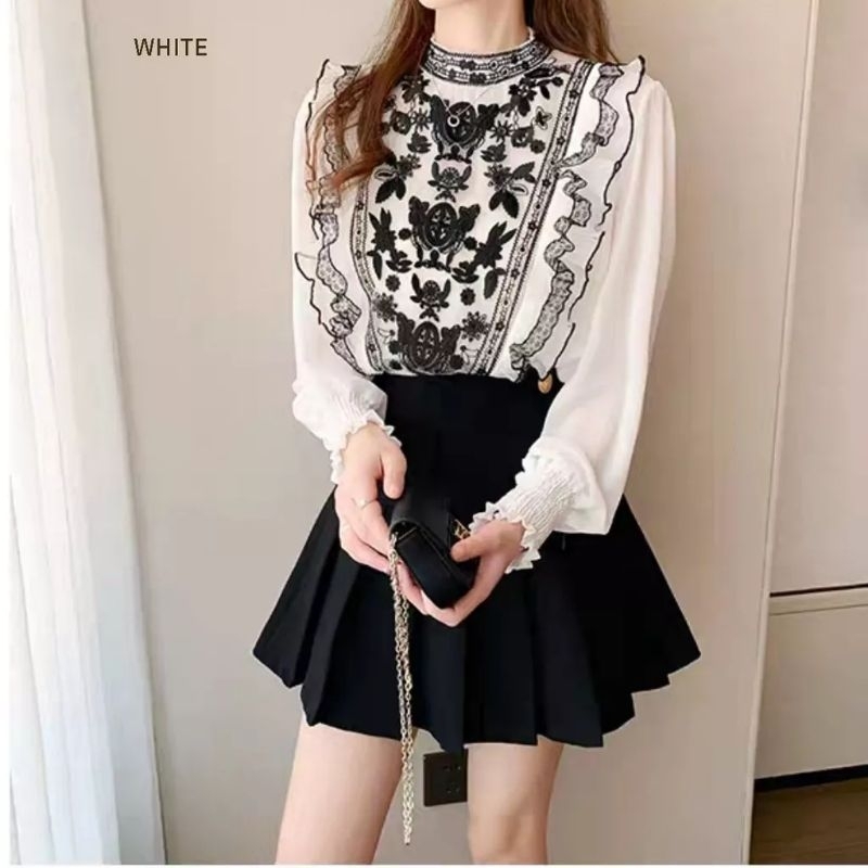 fashion baju blus blouse blouses kemeja lengan panjang depan dada bordir cantik mewah manis simpel m