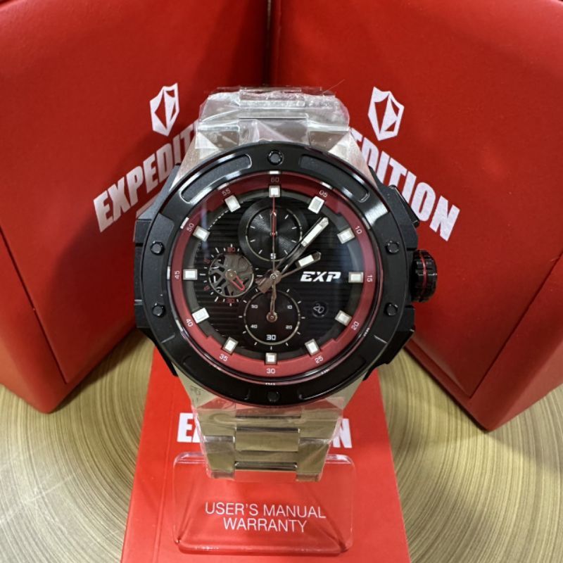 Jam Expedition SE 6818 MC BTB Pria Rantai Silver Ring Hitam Bulat