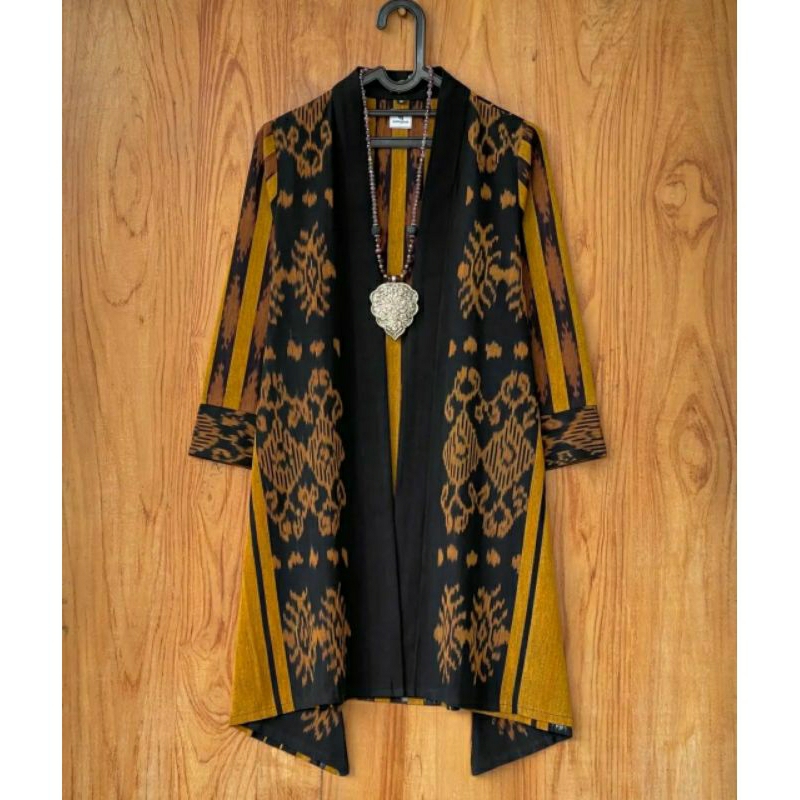 Long cardigan tenun atasan baju kerja wanita warna kuning kunyit