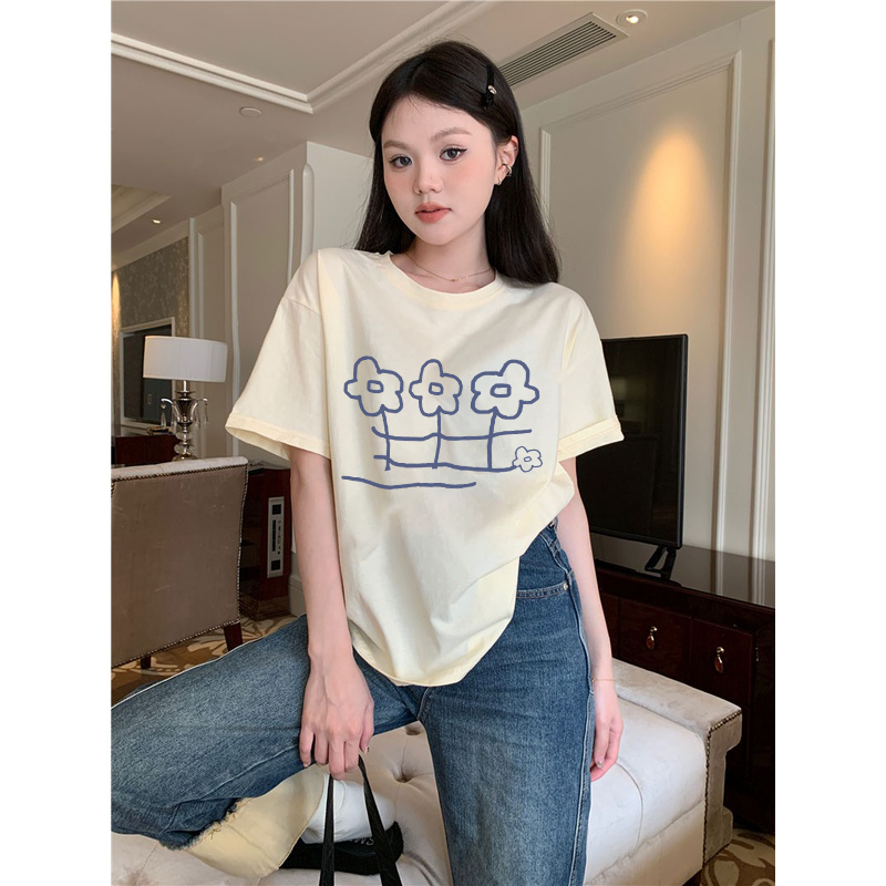 XIAOZHAINV Korean Style Kaos Atasan Wanita Flowers Pattern Lengan Pendek A0198