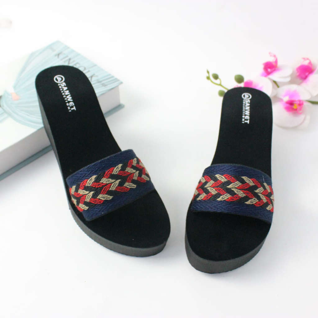 MF OLSHOP Sandal Wedges Motif Rajut Wanita Kanvas