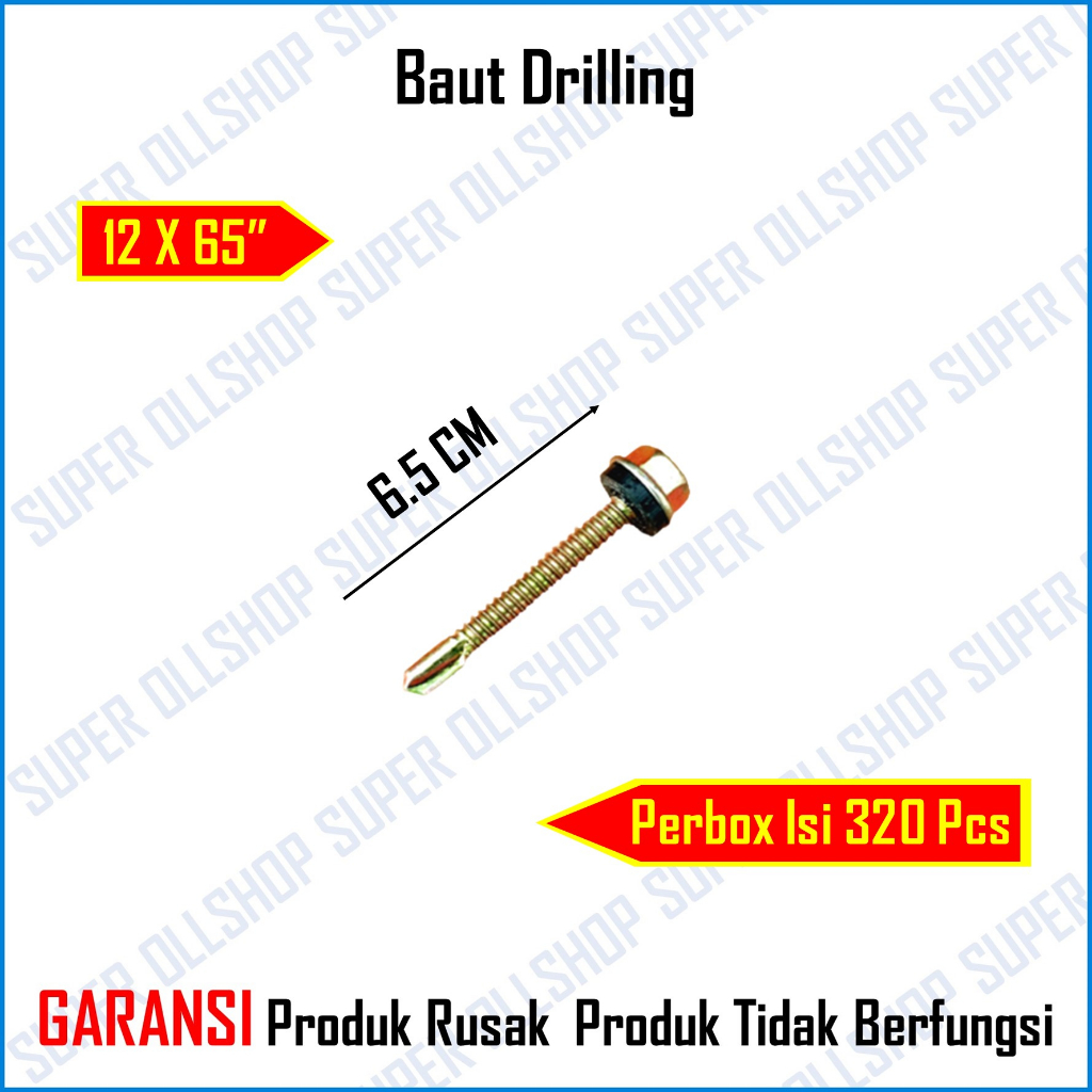 Baut Baja Ringan Sekrup Drilling Roofing Atap Galvalum 12x65 Panjang 6.5 Cm Kunci Sock 8 MM Harga 1 Kotak