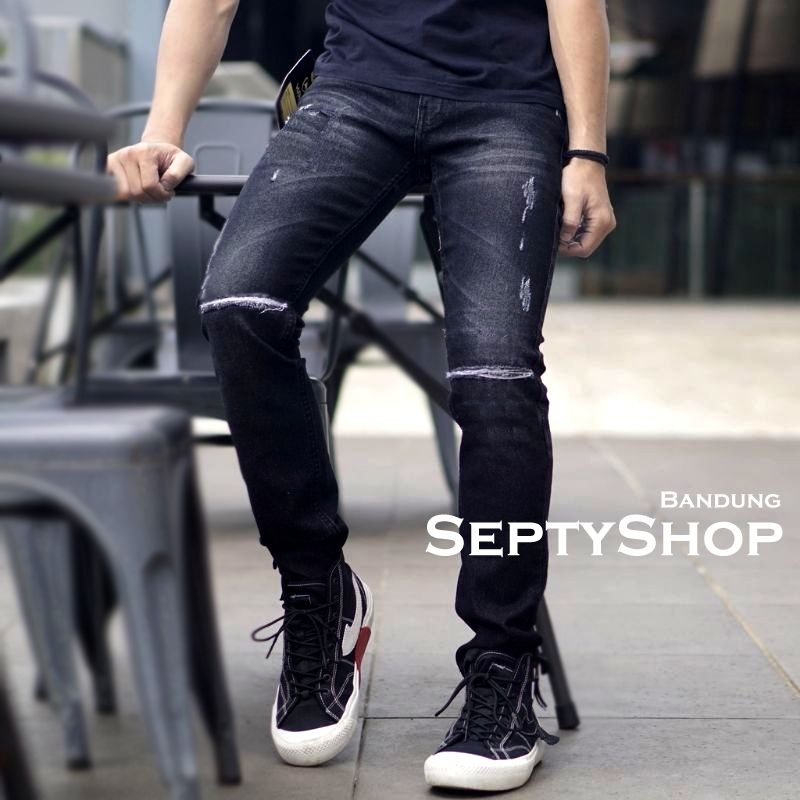 Celana Jeans Pria Sobek Black Ripped Destroy, Denim1173 Celana Jeans Bikers