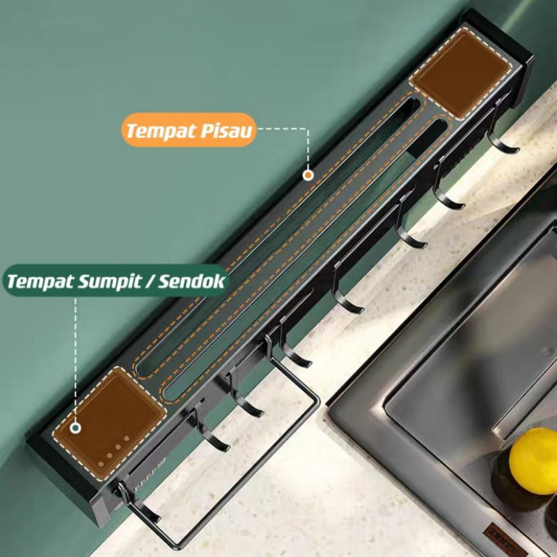 Rak Pisau Dinding Dapur Stainless Steel Rak Gantung Dapur Multifungsi Rak Tempel Tanpa Bor⭐ Supertop ⭐