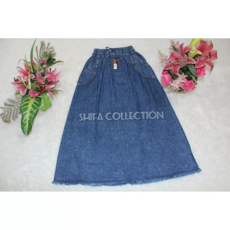 Rok Jeans / Rok Panjang / Rok Dewasa / Rok Wanita Model Peca 8 - Bahan Jeans - Ukuran All Size / Dewasa (BB 40-70 kg)