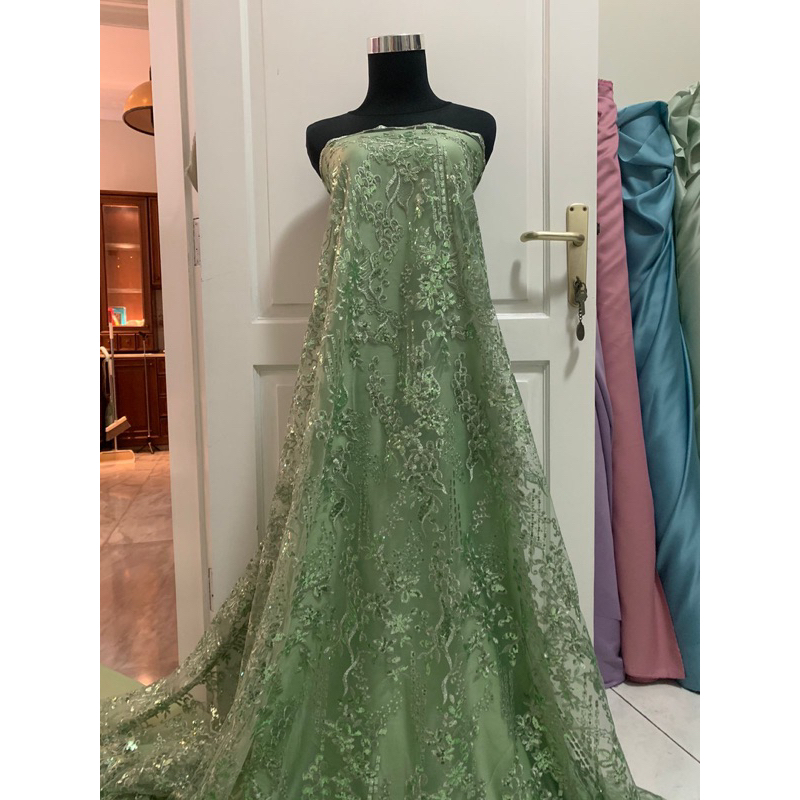 Kain Bahan Kebaya Brukat Tile Tulle Bordir Gracia Mewah Warna Sage Green Hijau