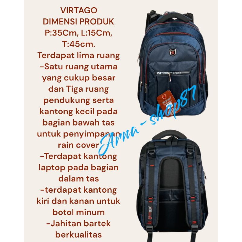 Tas Ransel Laptop Virtago Original 20inci SMP SMA Kuliah Kerja Bacpack Berkualitas Kompartemen Laptop 16inci