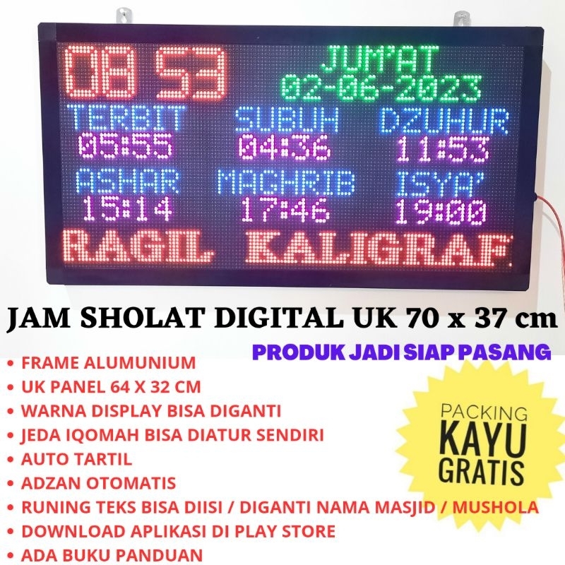 JAM DIGITAL MASJID JAM DIGITAL JADWAL SHOLAT MASJID FULL COLOR P5 RGB UK 70 X 37 CM