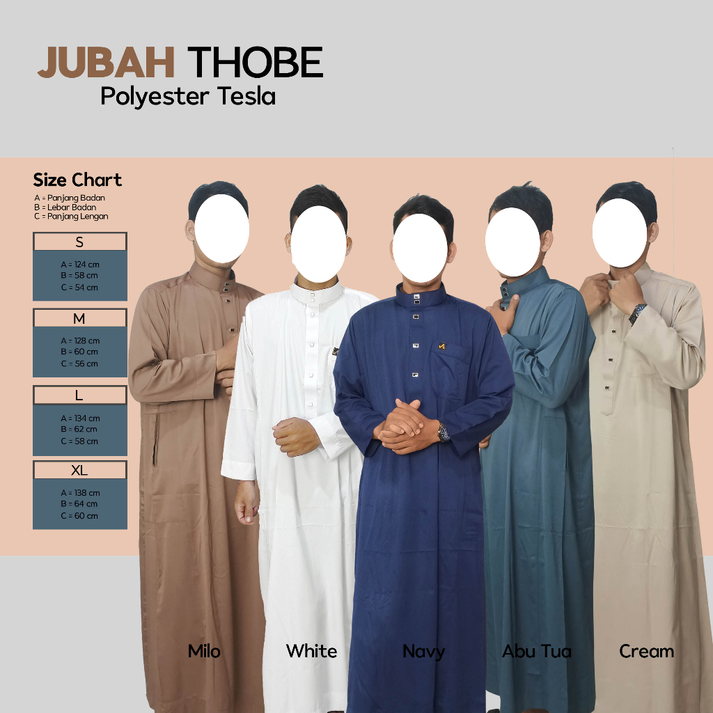 Jubah Pria Lengan Panjang Non Manset Polos Gamis Dihyah Premium Thobe Bahan Polyester Tesla