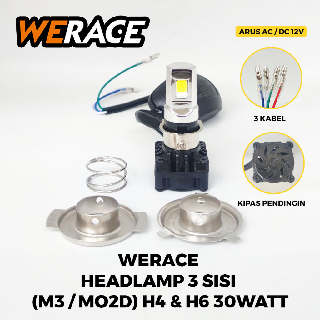 [WERACE] LED 3 SISI LAMPU DEPAN (HEADLAMP) 30WATT,  2 MODE (JAUH, DEKAT), 3 KABEL (H4/H6) TERANG BERKUALITAS