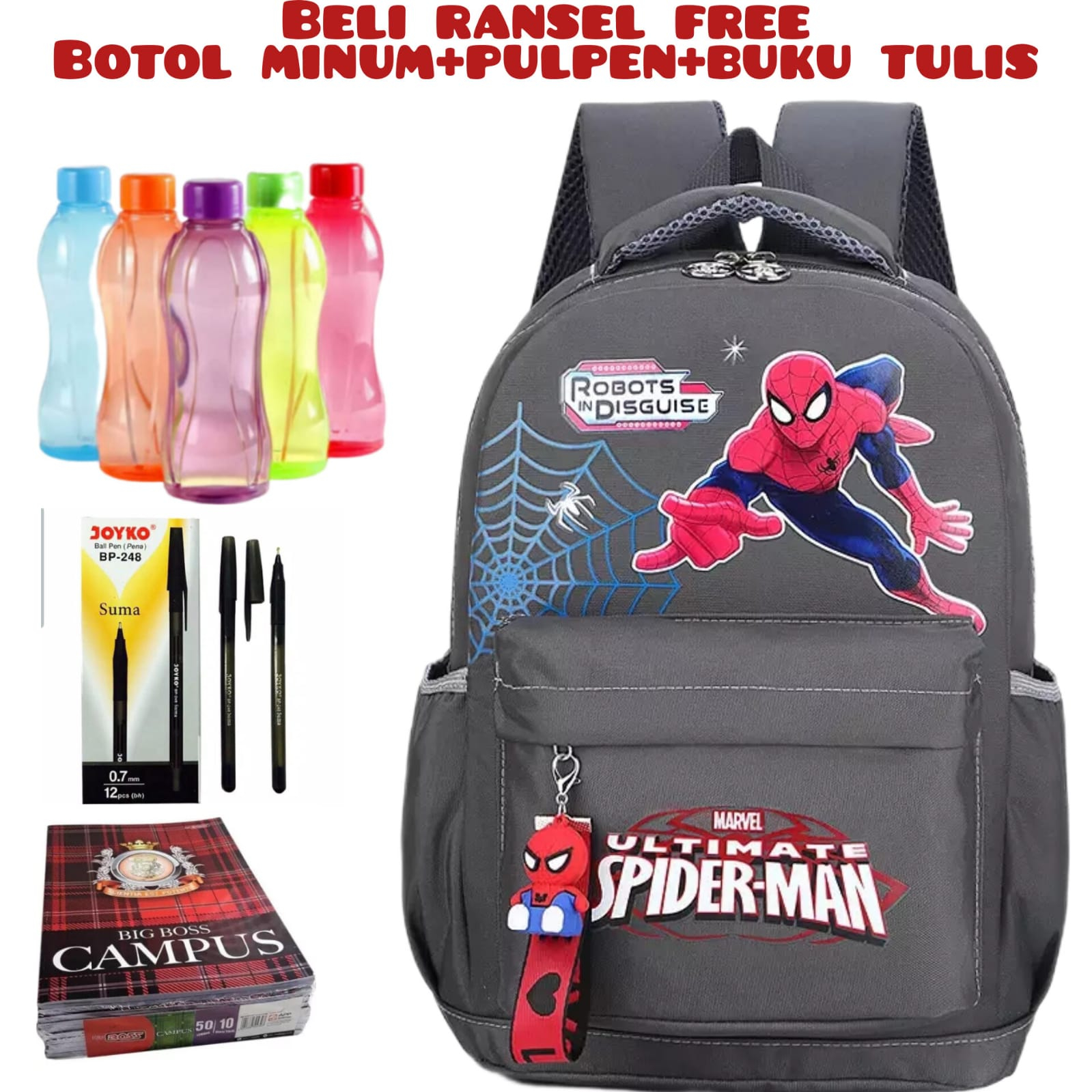 DT_Beli 1 Dapat 4- TERMURAH Tas Ransel Anak Sekolah SD Laki Laki Spiderman Ukuran Besar dan Luas IMPORT Beli Ransel Free Botol Minum+Pulpen+Buku Tulis