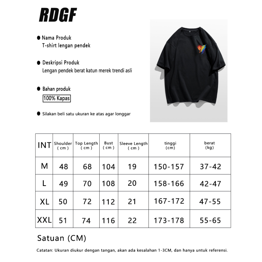 RDGF Kaos Bentuk Hati Berwarna-warni Kaos Hitam Oversized Pria Kaos Korea Street/A0313