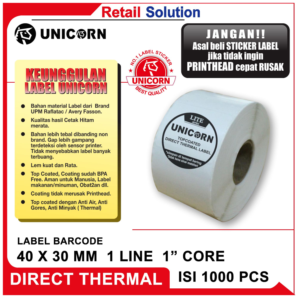 Unicorn Stiker Label Barcode Thermal 40x30 mm / 40 x 30 mm / 4x3CM