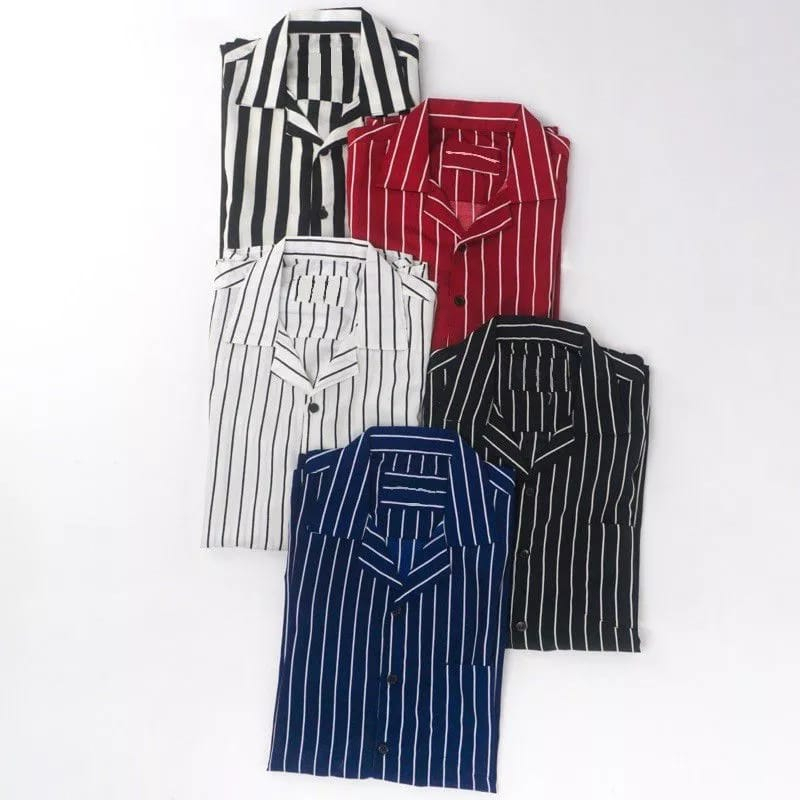 Kemeja Salur Pria Kemeja Lengan Pendek Kemeja Stripe Kemeja Terbaru Kerah V Neck Kemeja Cowok Kekini