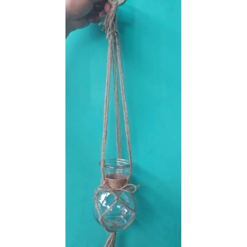 Gantungan Vas Bunga Kaca-Gantungan Vas Kaca Bening Hias Minimalis-Tali Rami Gantungan Vas Bunga-Hias