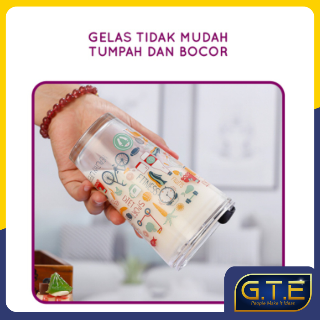 GTE | Gelas Tumblr Kaca Bening Gelas Mug Gelas Kaca dengan Tutup Anti Bocor 400ml Botol Minum Kaca Gratis Sedotan